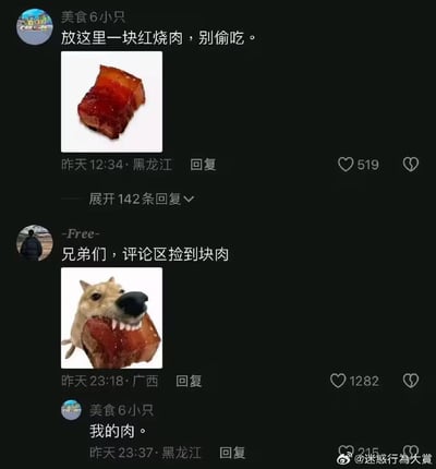 这是一段社交媒体评论区的趣味互动内容：用户「美食6小只」发布评论称「放这里一块红烧肉，别偷吃」并配上红烧肉图片；随后用户「-Free-」发布评论「兄弟们，评论区捡到块肉」，搭配一张柴犬（Doge）叼着红烧肉的拼贴表情包；最后「美食6小只」回复「我的肉。」，形成了一个完整的「肉被偷走」的搞笑互动梗，充满了网友的趣味脑洞。