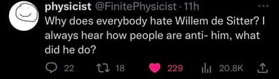 这是一张X（原Twitter）平台的社交媒体截图，用户@FinitePhysicist（昵称physicist）发布动态，疑惑询问：“为什么大家都讨厌威廉·德·西特？我总听到人们反对他，他做了什么？”。动态下方显示有22条评论、18次转发、229个点赞以及20.8K的浏览量。威廉·德·西特是荷兰知名宇宙学家，在广义相对论和宇宙学领域有重要贡献，此处的“被讨厌”大概率是物理爱好者社群内的趣味梗或相关学术讨论中的玩笑。
