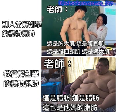 这是一张上下对比的双格梗图，通过夸张对比展现了理想与现实中当解剖学模特的差异。上半部分是一位身材健硕的男性模特，老师正在指着他的肌肉讲解不同肌肉群的名称；下半部分则是一位肥胖男性，老师指着他身体各部位反复说着"这是脂肪"。图片通过这种强烈反差制造幽默效果，反映了人们对理想身材与现实身材差距的自嘲。