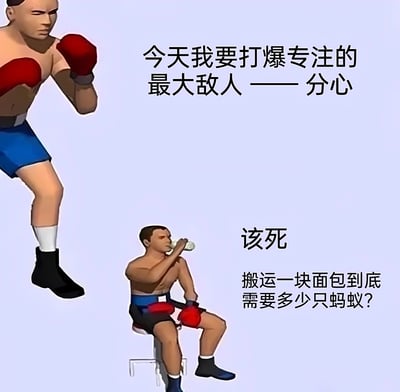 图片中有两个卡通风格的拳击手形象。左上角的拳击手身着蓝色短裤、红色拳击手套，正摆出战斗姿势，旁边配有文字“今天我要打爆专注的最大敌人 —— 分心”，展现出决心克服分心的状态。而在图片下方，另一个拳击手坐在凳子上，手持瓶子喝水，旁边文字为“该死 搬运一块面包到底需要多少只蚂蚁?”，形成鲜明对比——原本立志打败分心的拳击手，自己却陷入了无关的空想中。整个画面通过这种反差幽默地描绘了人们在试图保持专注时，反而容易被无关思绪干扰的常见困境。