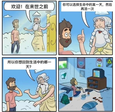 四格漫画描绘了一个男人在来世之前遇到一位类似神明的人物，神明给予他选择生命中某一天重新体验的机会。男人经过思考，最终选择回到童年时期在房间里玩电子游戏的一天。画面中可以看到童年房间里有电视、游戏手柄、精灵宝可梦海报等元素，展现了对简单快乐时光的怀念。
