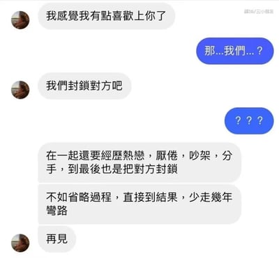 这是一张聊天记录截图梗图，展示了一段反套路的恋爱对话。左边用户先表白说"我感觉我有点喜欢上你了"，当右边用户期待地回应"那...我们...？"时，却得到"我们封锁对方吧"的惊人回复。左边用户进一步解释："在一起还要经历热恋，厌倦，吵架，分手，到最后也是把对方封锁，不如省略过程，直接到结果，少走几年弯路"，最后以"再见"结束对话。右边用户则用"？？？"表达了完全的困惑。这种反转式的幽默创造了强烈的喜剧效果。