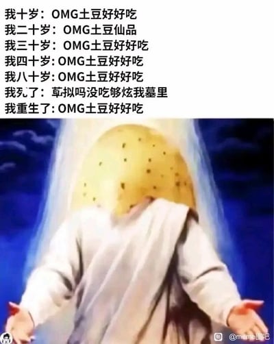 这是一张搞笑玩梗的图文迷因图，图片上半部分是文字内容，按人生阶段顺序讲述：从十岁到八十岁，乃至死后重生，人始终都认为土豆非常好吃，死亡时还夸张地强调没吃够，要把土豆炫进自己墓里，极致展现了人们对土豆的热爱；图片下半部分是经过P图改编的形象，原本人物的头部被替换成了一整个带斑点的完整土豆，人物身着白色长袍、留长长的白色头发，张开双臂，营造出对土豆的信仰感，放大了这个梗的趣味性。