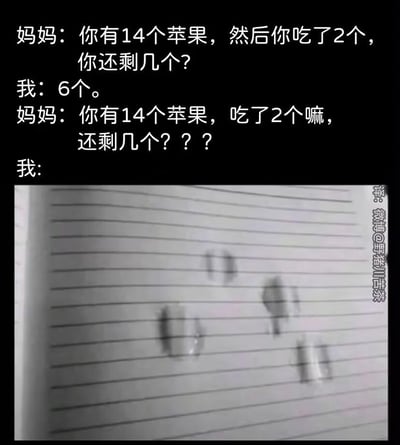 这是一张趣味梗图，展示了一段充满童真的亲子对话场景：妈妈向孩子提问数学题“有14个苹果，吃了2个还剩几个”，孩子第一次回答“6个”，妈妈重复问题表示疑惑后，孩子没有用数字回应，而是在纸上画了6个苹果核来具象化展示自己的答案。
笑点在于孩子跳出了常规数学计算的逻辑，用具象的手绘苹果核来回应问题，这种不走寻常路的回答充满了无厘头的可爱感，精准戳中了亲子互动里的趣味瞬间。