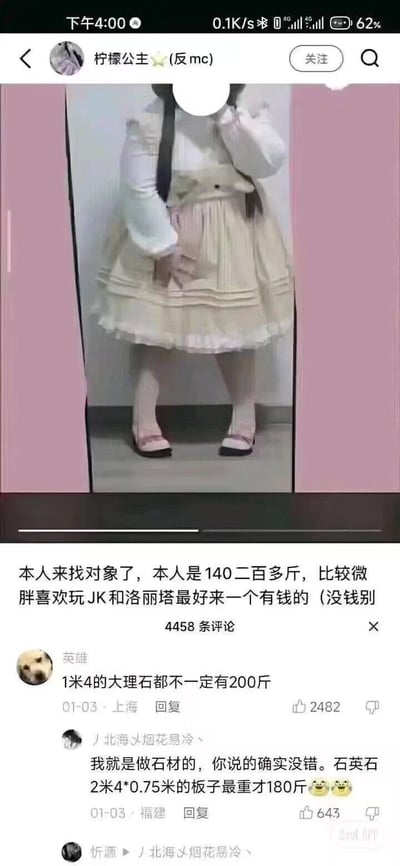 这是一张Soul平台的社交帖子截图，用户「柠檬公主（反mc）」发布征友动态，自称身高140、体重二百多斤，自认为是微胖，喜欢JK和洛丽塔风格，要求交往对象有钱。评论区中，用户「英雄」用Doge头像评论「1米4的大理石都不一定有200斤」，另一位石材从业者用户补充证实该说法，这条调侃性的评论获得2482个赞，用夸张的对比吐槽征友者的体重描述，充满搞笑效果。