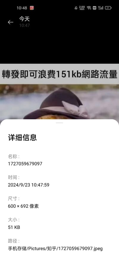 这是一张反套路的搞笑表情包，图上方配有繁体文字「轉發即可浪費151kb網路流量」，但从下方的图片详情可以看到，这张图片实际大小仅为51KB，通过标注的流量消耗和实际大小的反差制造笑点，调侃无意义转发浪费流量的行为，属于网络自制的玩梗内容。