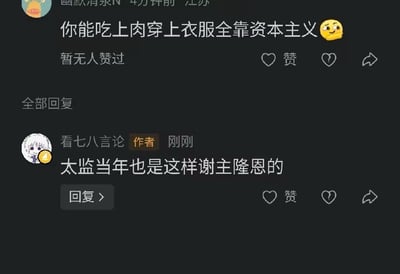 这是一张社交媒体评论区截图，展示了关于资本主义的简短讨论。上方评论称'你能吃上肉穿上衣服全靠资本主义'并配有眨眼表情，下方回复以'太监当年也是这样谢主隆恩的'进行反驳，形成了观点对立的对话场景。