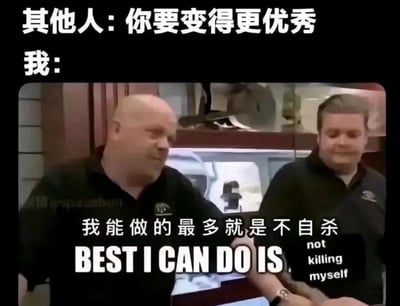 这是一张经过二次创作的影视截图，图片上方用白色大字标注“其他人：你要变得更优秀”，下方是美剧《典当之星》中的两位男性人物，左侧人物做出摊手的动作，配文“我能做的最多就是不自杀”，同时附上英文翻译“BEST I CAN DO IS not killing myself”。图片通过强烈的反差感，用自嘲的方式表达了当代年轻人面对外界“变得更优秀”的期待时，所感受到的巨大压力与无力感，将维持基本的生活状态（不放弃自己）作为当下能做到的极限，精准戳中了很多人在高压环境下的情绪痛点，是一种对生活压力的幽默式宣泄。