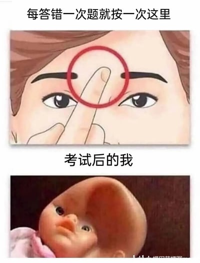 这是一张上下拼接的搞笑梗图，上图展示了一个卡通人物，配文“每答错一次题就按一次这里”，人物用手指按压自己的额头，生动表现出考试答题时，每做错一道题就懊恼地按压额头的状态；下图是一个额头被按压得严重变形的玩具娃娃，配文“考试后的我”，用夸张荒诞的视觉效果，放大了考试中答错大量题目后，自己内心的崩溃与无奈，以幽默的方式调侃考试失利后的心情，容易引发学生群体的共鸣。