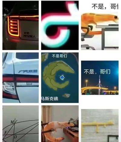 这是一张由九张图片组成的九宫格趣味梗图，每一张都利用视觉相似性制造“撞脸”效果：左上汽车尾灯与尾部文字组合形成相似标识；中上是抖音logo的局部撞型；右上是虾身卡在桌椅间形成类似符号的造型，配文“不是，哥们”；左中是广汽本田汽车的车身线条撞型；中下是游戏《原神》里的马斯克礁，形状类似字母C，配文“不是哥们”；右下是夜晚桥梁的灯光造型撞型；左下第三行是几何习题里的线条撞型；中下第三行是虾被架起模仿操作设备的造型；右下第三行是类似薯条的物体形成字母T的造型。整体通过发掘生活、游戏、品牌、学习场景里的视觉相似点，搭配吐槽配文，制造搞笑离谱的趣味效果。
