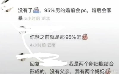 这是一张经过匿名处理的中文社交媒体评论区截图，所有发言用户的头像和昵称都被白色笔迹涂抹遮挡。截图共展示三条相关评论：第一条是IP属地为湖北的用户发表争议性言论，称“95%男的婚前会pc，婚后会家”并附带卡通表情；第二条是IP属地为云南的用户针对该言论回怼，反问“你爸之前就是那95%吧”并附带卡通表情；第三条是最初发言的湖北用户对这条回怼给出离谱回应，称“我是两个卵细胞结合形成的，没有父亲，我有两个妈妈”。截图右下角带有水印“@里神楽”，整体内容因发言者用违背常识的夸张言论回避质问，形成了搞笑的网络梗效果。