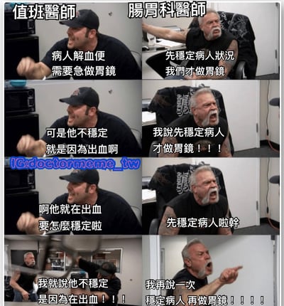 這是一組醫療主題的連環梗圖，描繪了值班醫師與腸胃科醫師之間的緊張爭論。圖中兩位醫師就胃出血病人的處置順序產生激烈分歧：值班醫師認為應緊急做胃鏡處理出血源，而腸胃科醫師堅持要先穩定病人狀況再進行檢查。整組圖片通過誇張的表情和重複的對話，幽默地表現了醫院內部可能存在的專業意見衝突。