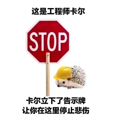 这是一张经过P图改编的图文混排静态图，画面中一只刺猬被拟人化为“工程师卡尔”，它头戴黄色的工程安全帽，安静地待在一个红色的八角形STOP停止标志牌旁。图片上方配有文字“这是工程师卡尔”，下方文字为“卡尔立下了告示牌 让你在这里停止悲伤”，整体内容以可爱的动物拟人形象搭配温暖的文字，传递出治愈、安慰的情绪，意图让看到这张图的人能够放下悲伤，获得心灵的慰藉，风格温馨且充满趣味。
