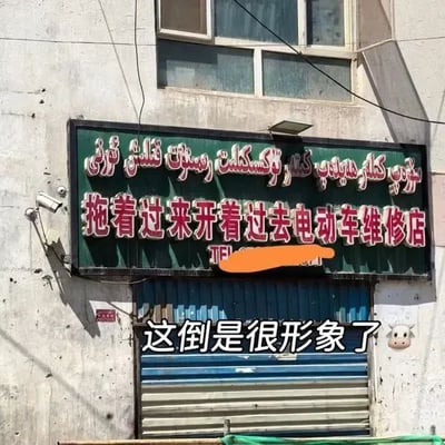 图片展示了一家电动车维修店的实拍招牌。招牌为绿色底，上部有维吾尔文书写的店名，下方是醒目的红色中文标语“拖着过来开着过去电动车维修店”，通过“拖”与“开”的对比，直白形象地描述了服务流程——顾客将故障电动车拖至店内维修，修复后即可开回。招牌下方的联系电话被橙色色块模糊处理。图片底部叠加文字“这倒是很形象了🐄”，调侃店名的生动贴切。背景为灰白色墙面，带有窗户和卷帘门，呈现出市井生活的真实场景。