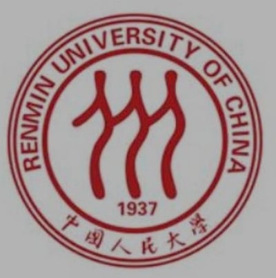 中国人民大学的官方校徽，整体为圆形，外圈上方环绕英文“RENMIN UNIVERSITY OF CHINA”，下方为中文“中国人民大学”，中间区域包含“1937”字样及三个纵向排列的红色抽象线条图案。校徽主色调为红色，设计风格庄重、简洁，体现学校的历史底蕴与正式形象。