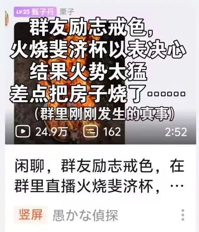 这是一张竖屏社交媒体截图，展示了一段关于群友趣事的短视频内容。画面上方是带有火焰的视频缩略图，叠加文字描述“群友励志戒色，火烧斐济杯以表决心，结果火势太猛差点把房子烧了……（群里刚刚发生的真事）”，下方显示视频数据：24.9万次播放、162条评论、时长2分52秒。截图底部还有补充文字“闲聊，群友励志戒色，在群里直播火烧斐济杯，…”，并标注“竖屏”及日文“愚かな探偵”（愚蠢的侦探）。整体内容围绕群成员为表戒色决心直播烧“斐济杯”（疑似性玩具代称）却引发火灾隐患的幽默荒诞事件展开。