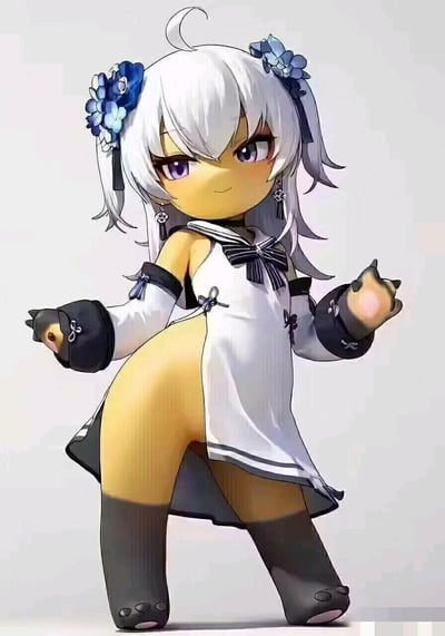 这是一张3D渲染的动漫风格少女插画。图中角色有着银白色长发，发间装饰着蓝色花朵，紫色眼眸，皮肤呈淡黄色。她穿着一件白色连衣裙，领口有黑色蝴蝶结，袖口和裙摆处有黑色装饰。角色摆出俏皮的姿势，身体微微侧倾，一只手自然下垂，另一只手抬起，露出微笑表情。整体风格可爱俏皮，细节精致，展现了典型的二次元动漫审美。