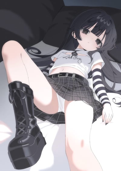 Anime-style illustration of a young girl with long black hair lying on a bed. She has a subtle expression with calm eyes and is wearing a white crop top with 'Love Cry' written on it, a plaid skirt, black knee-high boots, and striped arm warmers. Her pose is relaxed with one leg slightly raised and her arm resting beside her.