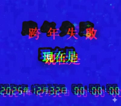 蓝色背景上有醒目的文字效果，上方为红色的“跨年失败”，中间是彩色渐变的“现在是”，下方显示“2025年12月32日 00:00:00”的时间戳。其中“12月32日”是明显的时间错误（12月只有31天），通过这种荒谬的日期设置，幽默地表达“跨年失败”的无奈与搞笑情境，仿佛时间卡在了错误的节点无法进入新一年。