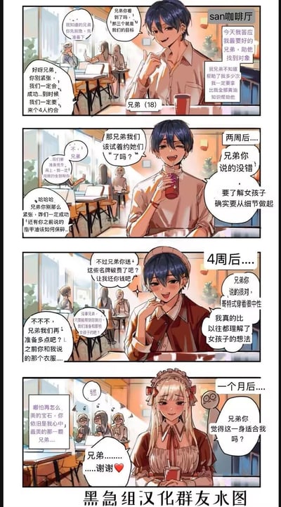 这是一则四格搞笑短漫：蓝发18岁男生在san咖啡厅里，下定决心要帮最好的兄弟找到对象，掏出自己的「黄油知识」全力相助。两人先是锁定目标女生，随后兄弟提议从细节了解女生，开始研究指甲油保养、送名牌礼物、了解哥特式穿搭，一步步改造主角。结果一个月后，蓝发男生直接穿着女仆装，娇羞地询问兄弟这身是否合适，而兄弟则深情告白，原来兄弟的「找对象」目标从始至终都是他自己。
这是一个腐向的乌龙梗，通过反差感拉满的性转情节制造笑点，本质是双向的兄弟情攻略。