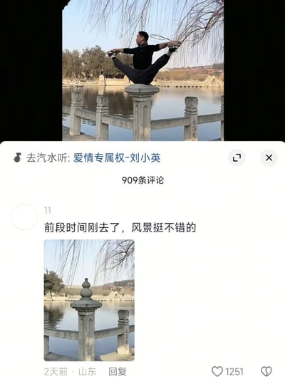 这是一张社交媒体评论区截图。上半部分显示一名穿黑衣黑裤的男子在湖边传统石栏杆的望柱顶端做出高难度横叉一字马，双手分别抓住双脚，看起来像是稳稳坐在狭小柱头上，背景为湖面、枯柳枝、远处树木和拱桥。下方一条来自用户“11”的评论写道：“前段时间刚去了，风景挺不错的”，并附上同一地点、相近角度的照片。附图中石柱顶端实际是葫芦形装饰柱头，没有可供人坐下的平面，也没有男子，因此揭示上图是借位拍摄或后期合成造成的视觉错觉。评论表面上在夸赞风景，实际上用现场照片完成了幽默的“打假”。该评论显示发布于2天前、山东，获1251个赞。