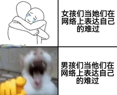 这是一张四格对比形式的搞笑梗图，左上格为简笔画内容，画着一个小人正抱着哭泣的另一个小人，右侧配文说明对应女孩们在网络上表达自己难过时的场景，体现女生抒发负面情绪时往往会获得他人的安慰；左下格为模糊的真人鬼畜素材，画面中的男子正对着镜头崩溃嘶吼，旁边配有黄色捂脸表情，右侧配文说明对应男孩们在网络上表达自己难过时的场景，调侃男生抒发负面情绪时不仅难以得到安慰，反而容易被做成搞笑素材传播，整张图用夸张的对比手法调侃了不同性别在网络上表达负面情绪时获得的反馈差异。