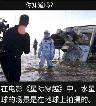图片展示了电影《星际穿越》的幕后拍摄场景：一名身着白色宇航服的宇航员站在及膝的积水中，背景有电影拍摄设备和工作人员。图片顶部配有文字“你知道吗？”，底部文字说明“在电影《星际穿越》中，水星的场景是在地球上拍摄的。”，揭示了科幻场景的真实拍摄地点。
