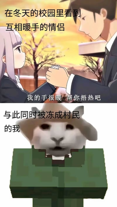上图为动漫场景中冬天校园里情侣互相暖手的温馨画面，女生对男生说“我的手很暖 帮你捂热吧”；下图则是Minecraft游戏中的村民形象，配文“与此同时被冻成村民的我”，通过对比情侣的温暖与单身者的“冷冻”状态，营造出搞笑又扎心的自嘲效果。