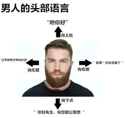 这是一张文字加注的静态真人图像，图中展示了一位面部表情严肃的真人男性，通过四个方向的箭头搭配文字，趣味化解读男性不同头部动作对应的社交潜台词：头部向上抬对应口语化的问候“哟你好”；头部向左摆对应邀约式的“过来我有点事找你说”；头部向右摆带有惊讶情绪的“我草！你看着那个”；头部向下点则是正式的致意“你好先生，向您致以敬意”。整体用生活化的网络语言和口语化表达，将普通的头部动作赋予不同的社交场景含义，风格幽默搞笑，充满调侃意味。