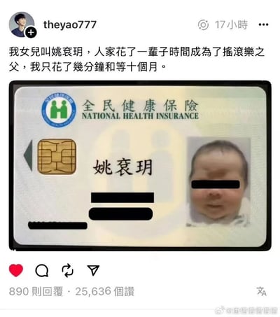 这是一张类似Instagram的社交平台截图，用户theyyao777发布动态分享女儿的台湾全民健康保险卡，卡上显示婴儿姓名为姚袞玥，婴儿照片做了眼部打码处理，其他隐私信息也被打码遮挡。用户配文玩谐音梗，将女儿名字“姚袞玥”与摇滚之父猫王（Elvis Presley）的英文名Elvis谐音关联，调侃“人家花了一辈子时间成为摇滚乐之父，我只花了几分钟和等十个月”，以幽默的方式展现给孩子取名的趣味创意，该动态收获了890条回复与25636个点赞，右下角还有微博水印@唐僧僧僧僧僧僧，说明内容被搬运至微博平台。