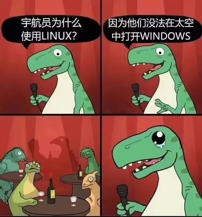 这是一张四格漫画，主角是一只绿色恐龙，它手持麦克风站在红色幕布前讲了一个关于宇航员和操作系统的冷笑话。第一格：恐龙问"宇航员为什么使用LINUX?"；第二格：恐龙回答"因为他们没法在太空中打开WINDOWS"；第三格：展示观众席上其他恐龙的反应；第四格：讲笑话的恐龙尴尬地流泪。

这张图使用了双关语技巧，将操作系统"Windows"与现实中的"窗户"含义混淆，制造幽默效果。