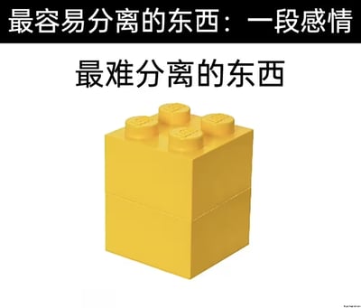 图片上方黑色背景白色文字写着“最容易分离的东西：一段感情”，下方居中位置为黑色文字“最难分离的东西”，其下方是一块黄色的乐高积木（上下两部分拼接状态）。通过将“一段感情”的易分离特性与“乐高积木”的难分离特性进行鲜明对比，以幽默调侃的方式暗示感情关系的脆弱和乐高积木拼接后的紧密牢固，形成反差笑点。