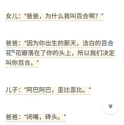 这是一则充满反差感的家庭搞笑段子，通过儿女与父亲的对话制造幽默效果。女儿向父亲询问自己名字“百合”的由来，父亲给出了浪漫的解释，称她出生那天洁白的百合花瓣落在了她的头上，因此取名百合；而儿子发出无意义的音节“阿巴阿巴，歪比歪比”时，父亲直接呵斥他“闭嘴，砖头”，暗示儿子的名字“砖头”的由来与女儿的浪漫形成强烈反差，用夸张的“区别对待”方式，调侃了父母在儿女取名上的反差感，充满诙谐趣味。