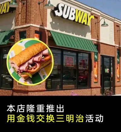 这是一张图文混排的搞笑梗图，上半部分是赛百味线下门店的实拍外立面，可见品牌标志性的白黄配色SUBWAY logo、绿色遮阳篷与红砖墙外观，画面左侧叠加了带有黄绿品牌色边框的火腿三明治产品示意图；下半部分为黑色背景，搭配白黄两色文字写着“本店隆重推出 用金钱交换三明治活动”，将消费者花钱买三明治的正常消费行为，刻意包装成商家新推出的专属活动，用毫无意义的夸张营销话术制造出荒诞的笑点。
