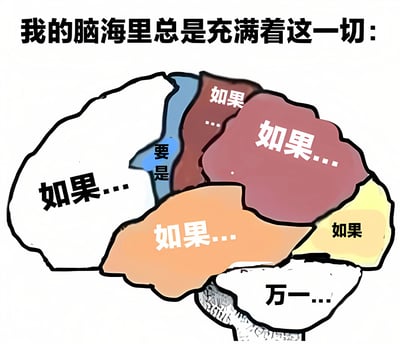 图片上方有黑色加粗文字“我的脑海里总是充满着这一切：”，下方是一个卡通风格的大脑插图。大脑被分割成多个不同颜色的区域，每个区域内都有白色或黑色文字，内容均为“如果...”“要是”“万一...”等表示假设、假想的词语，整体通过大脑分区填充大量假设性词汇的视觉形式，幽默地表现出过度思考、内心充满各种假设和担忧的状态。