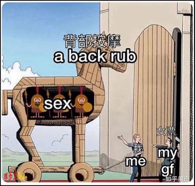 这是一张经典的特洛伊木马结构的表情包，通过“背部按摩”做为幌子，实际暗指最终意图是“sex”。图中“我”把带有“背部按摩”标语的木马推进“女朋友”的大门，而木马腹中隐藏的却是“sex”，讽刺了用无害借口达到私密目的的男女情侣日常操作。配文和场景都有明显的双关和性暗示性质，非常适合用来调侃情侣互动或暧昧话题。

**暗示梗说明**：木马与“背部按摩”是借口，实则指向亲密行为，有明显的性暗示和幽默双关。