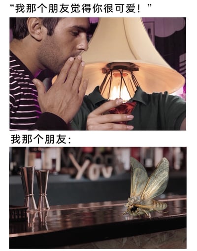 这是一张上下拼接的搞笑梗图，上半部分呈现了一位穿黑白条纹衫的男性，捂着嘴略带羞涩地对另一位手持杯子的人说“我那个朋友觉得你很可爱！”，营造出替朋友传话的社交场景；下半部分则揭晓“我那个朋友”是一只趴在吧台的飞蛾，利用飞蛾天生被灯光吸引的生物特性，玩了“所谓的朋友其实就是自己”的经典暗恋梗，暗示说话的人自身被对方吸引，却羞于直接表白，只能假借朋友的名义传递好感，用幽默夸张的方式展现了人们在暗恋时的羞涩与小心思。