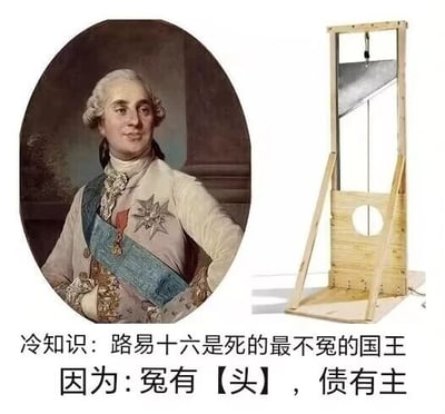 这是一张图文混排的趣味创作图，左侧是法国国王路易十六的古典肖像画，画中路易十六身着带有勋章装饰的华贵服饰，神态平和，侧身看向画面外；右侧是用于处决他的断头台的简易图示。图片下方配有文字内容，运用了谐音梗，将传统俗语“冤有头，债有主”进行改编，结合路易十六被断头台处决的历史史实，调侃他是“死的最不冤的国王”，通过双关的方式制造出幽默的效果，属于结合历史的趣味二次创作内容。