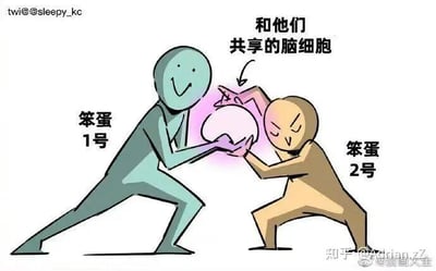这是一幅充满幽默调侃意味的卡通静态图，画面中两个卡通人物分别被标注为“笨蛋1号”和“笨蛋2号”，两人都摆出弓步姿势，争抢一个被标注为“和他们共享的脑细胞”的圆形物体。笨蛋1号面带微笑，双手捧着这个圆形物体；笨蛋2号皱着眉头，伸手试图抓住它。这幅图用夸张的比喻，调侃这两个人智商不高，仿佛共用着唯一的一个脑细胞，用诙谐的方式展现出两人“不太聪明”的状态，十分搞笑。