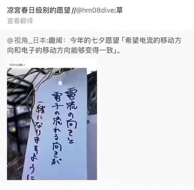 本梗图是一条来自微博的趣味转发，内容结合了日本七夕许愿文化和理工科知识。图片是一张写有日语许愿纸条的照片，写的愿望是“电流的方向和电子的移动方向能变得一致”，配以微博网友的调侃评论“草”，全图洋溢着理科生的自嘲和冷幽默。

**双关/暗示说明**：
本图实际是在调侃物理课上的常见冷知识——电流方向与电子实际移动方向相反。此“愿望”显然是一种无厘头的理工自嘲式许愿。同时也有种“世界和谐”“顺理成章”的反讽味道。
