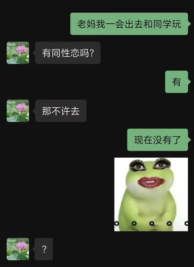 这是一张深色模式下的微信聊天记录截图，内容为孩子告知母亲自己要出门和同学玩，母亲首先询问同行人员里有没有同性恋，孩子给出肯定回答后母亲直接表示不许去，孩子立刻改口称「现在没有了」，同时附带了一张画着假睫毛、涂着口红的搞怪绿色青蛙表情包，表情包下方配有多个黑点省略号表达无语情绪，最后母亲回复问号表示困惑。整个对话逻辑跳脱，孩子的回复有种“当场将同行的同性恋排除”的荒诞感，充满搞笑反差效果。