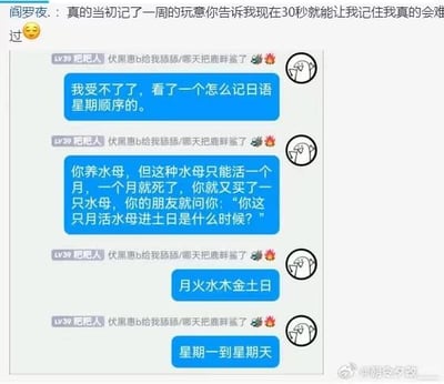 这是一张分享日语星期顺序记忆法的聊天记录截图，用户“粑粑人”用一个谐音小故事来帮助记忆日语星期：通过“你这只月活水母进土日是什么时候？”这句话，谐音对应日语星期的“月火水木金土日”，对应中文的星期一到星期天。顶部还有网友评论“真的当初记了一周的玩意你告诉我现在30秒就能让我记住我真的会难过😫”，精准戳中了日语学习者曾为记星期顺序花费大量时间的无奈与扎心感。
谐音梗说明：“月活水母进土日”的发音近似日语星期的“月火水木金土日”，用趣味场景降低记忆难度。