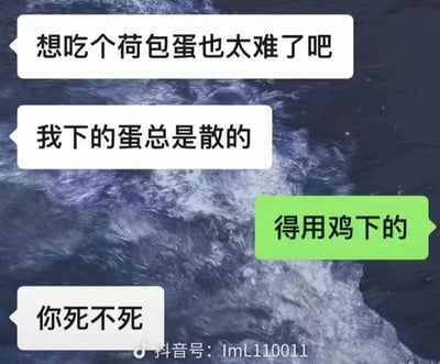 这是一张聊天记录截图，背景为深色海浪图。对话中，一位用户吐槽自己煎荷包蛋总是失败，先后说道“想吃个荷包蛋也太难了吧”“我下的蛋总是散的”，这里的“下的蛋”实际指煎蛋的操作；另一位用户故意利用文字歧义玩梗，回复“得用鸡下的”，将对方的“煎蛋”曲解为“下蛋”，引发吐槽者愤怒回复“你死不死”，整个对话充满冷幽默，是朋友间典型的搞笑互怼内容，通过文字歧义制造出趣味笑点。