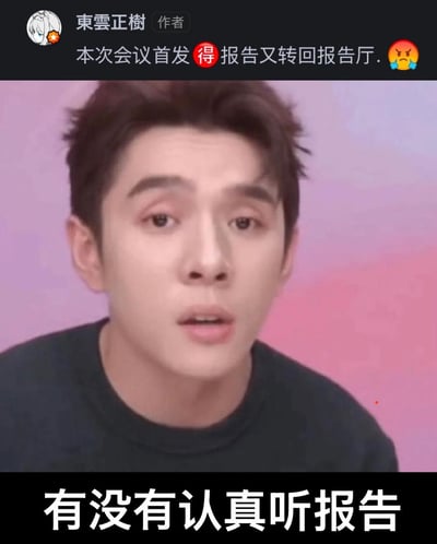 这是一张网友自制的职场吐槽梗图，顶部是社交平台用户「東雲正樹」的配文：「本次会议首发得报告又转回报告厅😤」（其中「得」应为「的」的笔误），表达了会议报告被打回重改的烦躁情绪；下方搭配电商主播李佳琦一脸惊讶、不敢置信的直播截图，底部配文「有没有认真听报告」，用李佳琦的经典夸张表情，吐槽职场中报告反复被打回、仿佛被质疑工作态度的无奈与崩溃，精准戳中职场人面对反复修改工作内容的糟心经历。