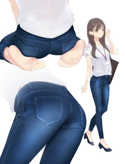 这是一张日系二次元风格的原创插画，以透明背景呈现，展示了一位佩戴工作牌的职场女性的穿搭细节。画面包含三个部分：右侧是女性全身行走的完整姿态，搭配简约白T、修身牛仔裤与低跟鞋，气质干练温和；上方是她坐姿时的脚部与下半身特写；下方是牛仔裤臀部的细节特写，重点呈现了牛仔裤的版型、布料质感与缝线设计，整体用于展示服饰绘制细节或原创角色的日常职场穿搭设定，无谐音梗、双关或暗示内容。
