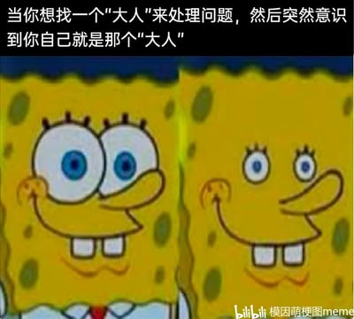 这是一张聚焦成长感悟的P图梗图，画面左右两侧呈现了两个不同状态的海绵宝宝形象：左侧是原版海绵宝宝，眼睛睁大，带着期待依赖的神情，仿佛在寻找能依靠的对象；右侧是被修改了五官的海绵宝宝，表情僵硬又强装成熟，带着一丝无奈的微笑。图片上方配有文字“当你想找一个‘大人’来处理问题，然后突然意识到你自己就是那个‘大人’”，精准戳中当代年轻人在成长过程中的心境：遇到难题时仍习惯性想依赖他人，却猛然发现自己已经成为需要独当一面、承担责任的成年人，充满了成年人的无奈与成长的恍然。图片右下角带有bilibili平台“模因萌梗图meme”的水印。