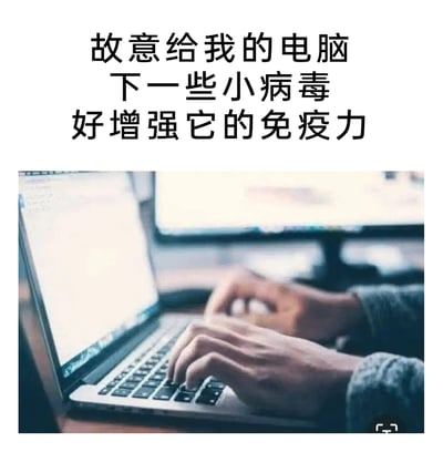 这是一张图文结合的搞笑梗图，上方配有文字“故意给我的电脑下一些小病毒 好增强它的免疫力”，下方是实拍的人物操作笔记本电脑的画面。该梗图将生物通过接触少量病原体增强免疫力的逻辑，错误套用在电子电脑设备上，制造出荒诞的搞笑效果，调侃了对电脑防护知识的错误认知——实际上电脑并不具备生物的免疫系统，这类操作只会对电脑系统造成损害，属于网络上常见的自嘲式趣味吐槽内容。