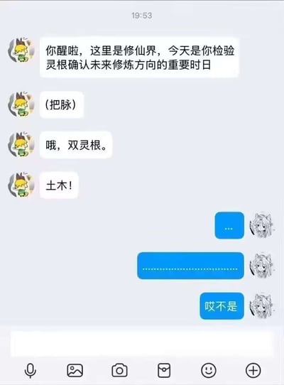 这是一张模拟微信聊天界面的梗图，左侧带有黄色小猫卡通头像的角色告知对方已身处修仙界，需检验灵根以确认修炼方向。经过把脉后，宣布其为“双灵根”，结果竟是“土木”！右侧用户以“...”“......................”和“哎不是”回应，表现出震惊与不解。图中“土木”为双关语，在修仙设定中本指土属性与木属性灵根，却谐音指向现实中的“土木工程”专业，形成幽默反差，调侃专业选择的意外感。