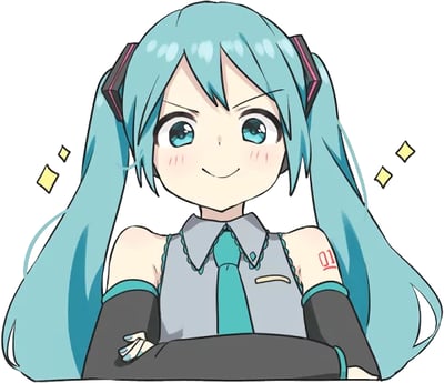 图中是VOCALOID虚拟歌手初音未来的插画形象。她有着标志性的蓝绿色双马尾，发梢自然垂落，两侧佩戴红色耳机造型的发饰。角色身着灰色无袖马甲，内搭白色衬衫，系着蓝绿色领带，黑色长手套覆盖至肘部。她双臂交叉抱于胸前，脸颊泛着淡淡的红晕，嘴角上扬露出微笑，眼神明亮有神，周围点缀着黄色的小星星特效，整体氛围可爱又充满活力。
