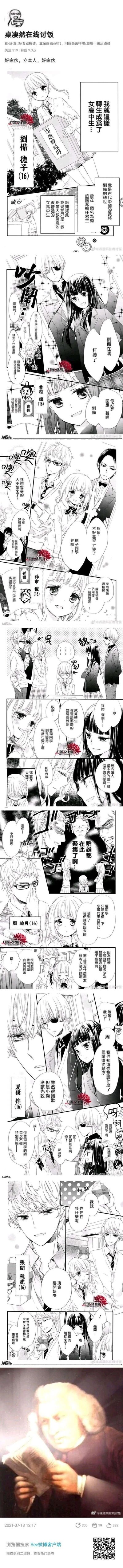 这是一幅由微博用户“桌凄然在线讨饭”创作的原创黑白竖屏超长同人漫画，以三国历史人物转生为现代日本高中生为核心设定。故事开篇讲述蜀国君主刘备转生成16岁的女高中生刘备德子，原本过着普通的校园生活，随后转生为学生会会长的曹操（司操）、转生为大小姐的孙权（孙市权），以及周瑜、夏侯惇、张飞等三国时期的知名人物也相继出现，聚集在刘备德子身边，原本平静的校园因为这些带着前世性格的人物变得喧闹不已，最后画面出现熊熊火焰，暗示着这些人物之间的关系或许会如同三国时期一般再起波澜。漫画通过性转、转生的设定，将三国的历史背景与现代校园日常结合，利用人物性格的反差制造趣味。
